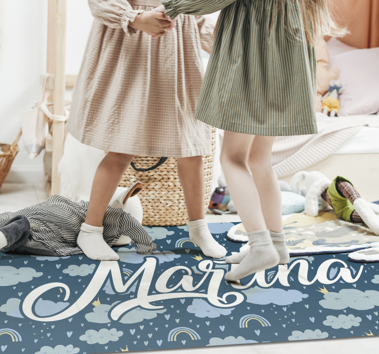 Blue clouds with name kids rug - TenStickers