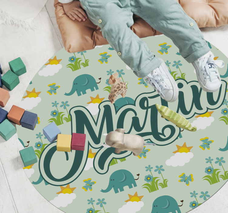 Elephants and flowers with name kids rug - TenStickers