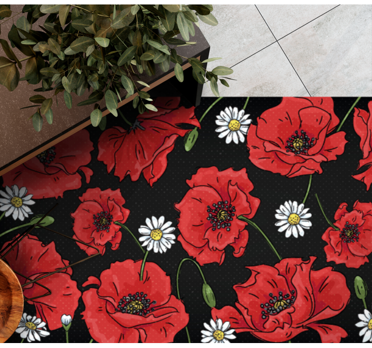 Red poppies on black background  floral rug - TenStickers