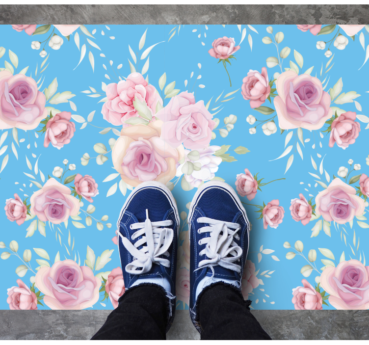 ROSE BLOSSOMS ON BLUE floral rug - TenStickers