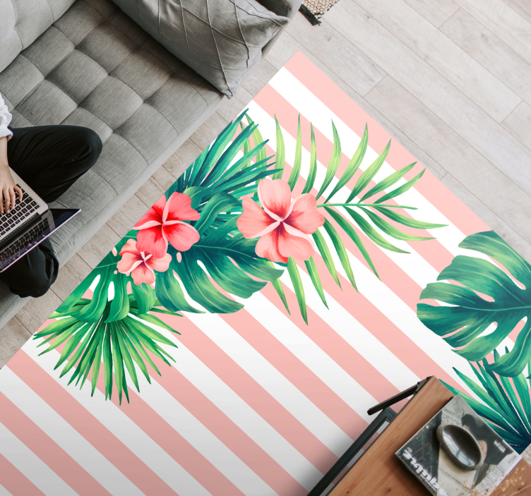 Tropical leaves with stripes floral rug - TenStickers