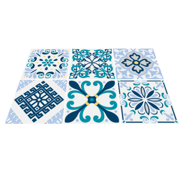 Kitchen vinyl mat in blue floral tile design - TenStickers