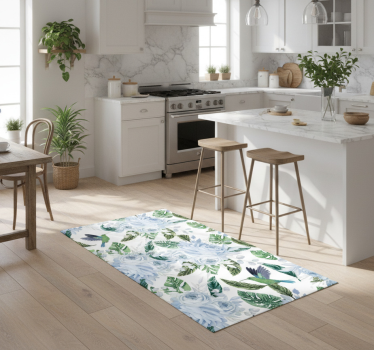 Blue garden flowers with birds kitchen vinyl mat - TenStickers