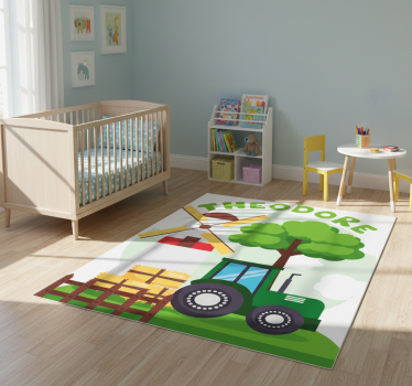Kids carpet green tractor on hill with clouds - TenStickers