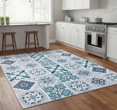 Kitchen vinyl mat in blue floral tile design - TenStickers