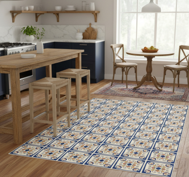 Kitchen vinyl mat with pink flowers portuguese tile - TenStickers