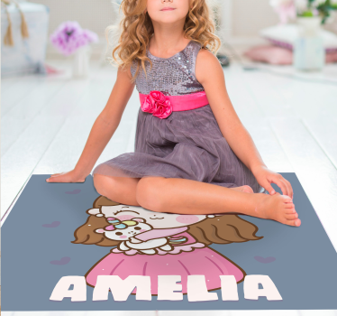 Princess hugging unicorn with name kids rug - TenStickers