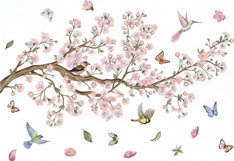 Floral rug cherry blossoms and birds design - TenStickers