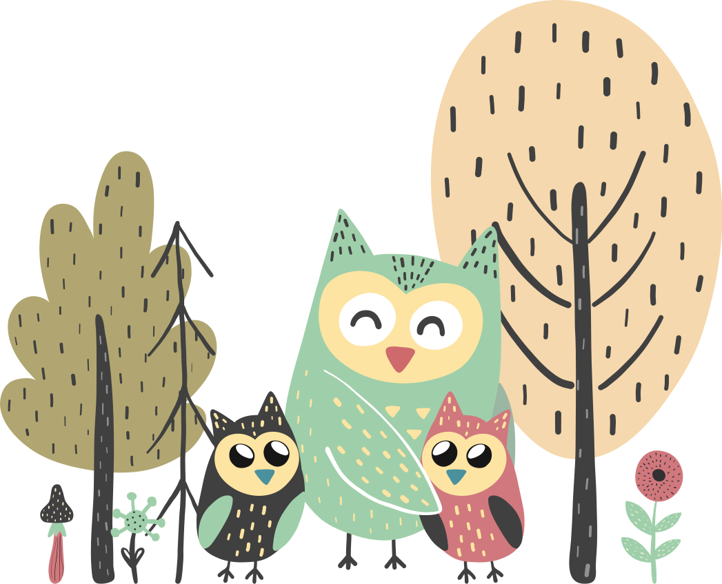 Animal mat with colorful owls in tree design - TenStickers
