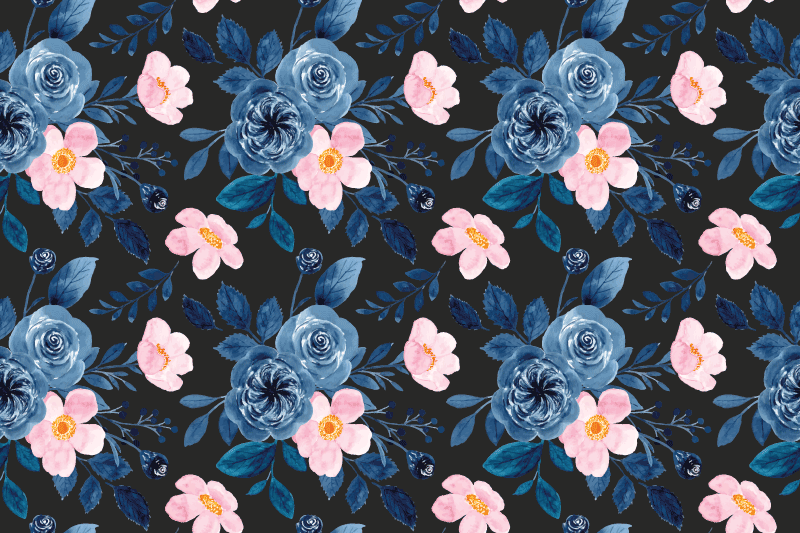Floral rug with blue and pink design on black - TenStickers
