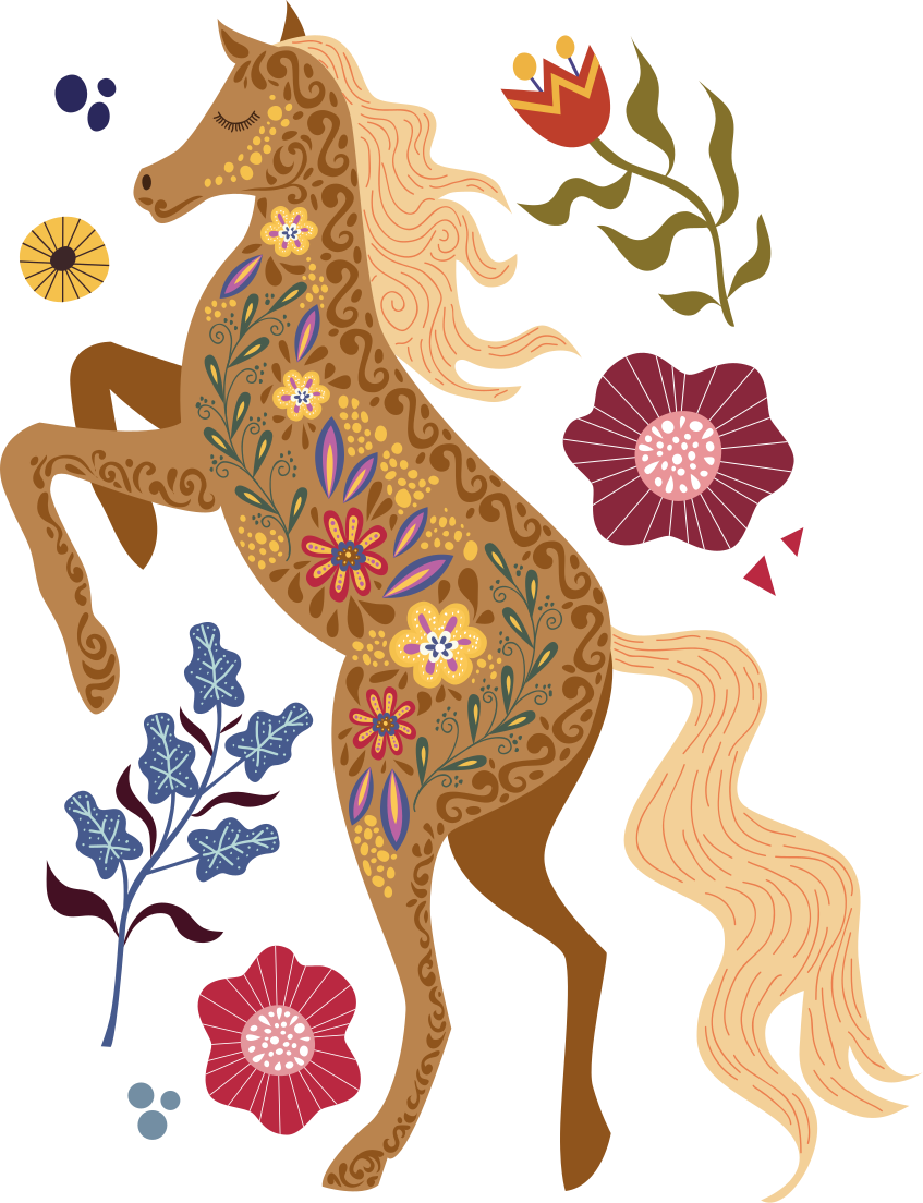 Floral rug with wild horse folklore design - TenStickers