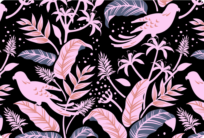 Floral rug with black and pink birds on leaves - TenStickers