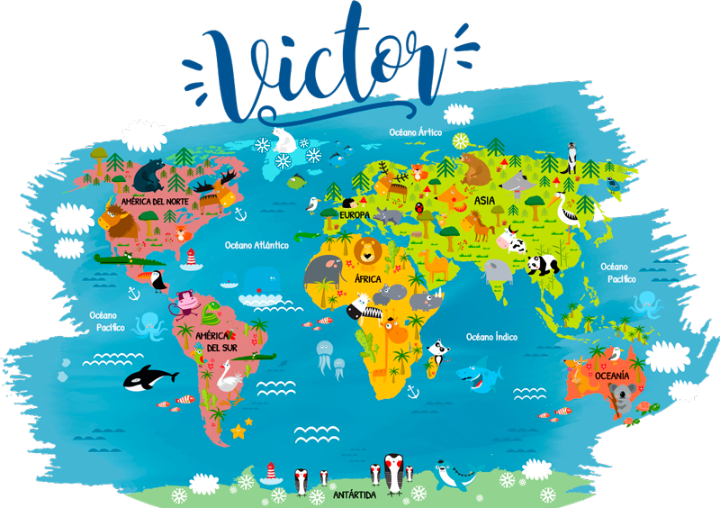 Map rug world map with animal names in spanish - TenStickers