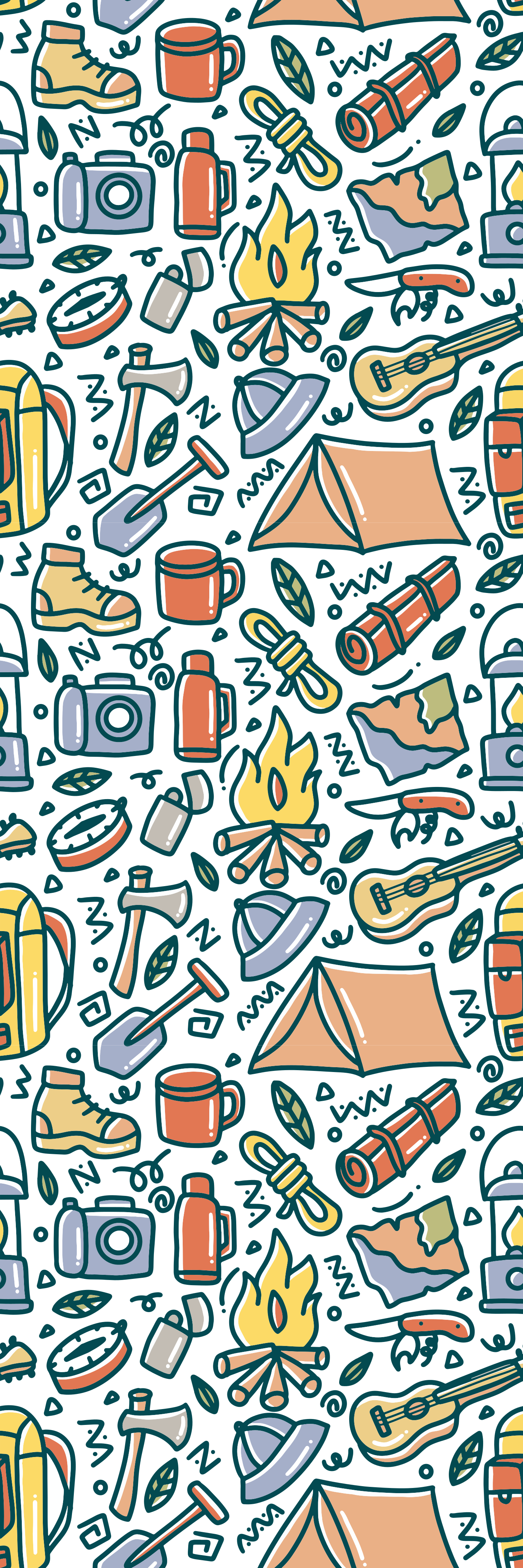 Bedroom carpet with hand-drawn mountains and camping gear - TenStickers