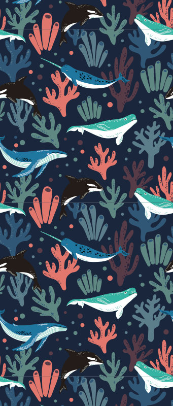 Bedroom carpet featuring vibrant sea animals on blue - TenStickers