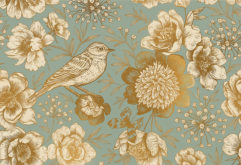Bedroom carpet with grey background and gold flowers - TenStickers