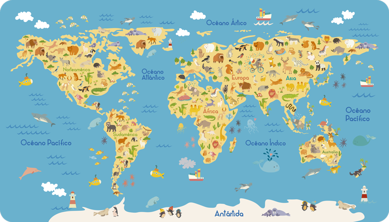 Map rug world map with wildlife - TenStickers