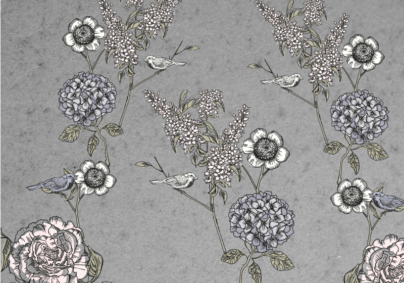 Vintage rug with grey twigs and birds design - TenStickers