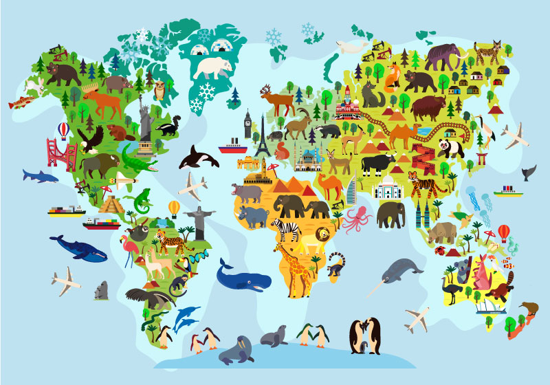 Map rug children’s world map with monuments and animals - TenStickers
