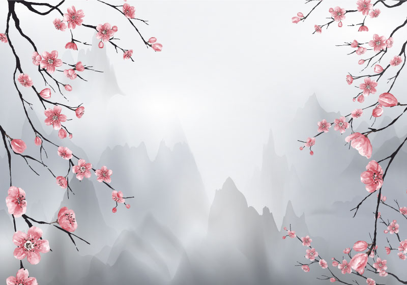 Grey rug with cherry blossoms and mountains - TenStickers