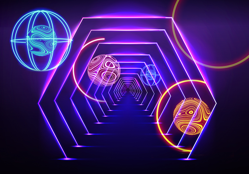 Purple rug neon hexagonal tunnel perspective - TenStickers