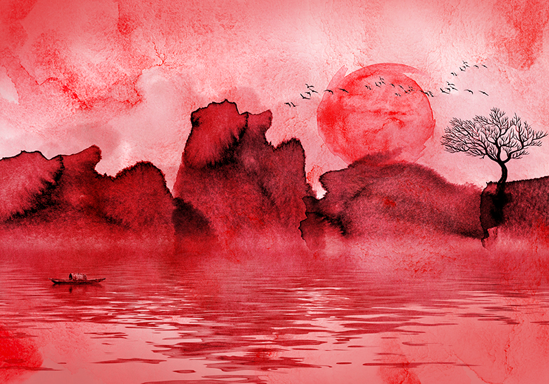 Red rug with chinese ink landscape design - TenStickers