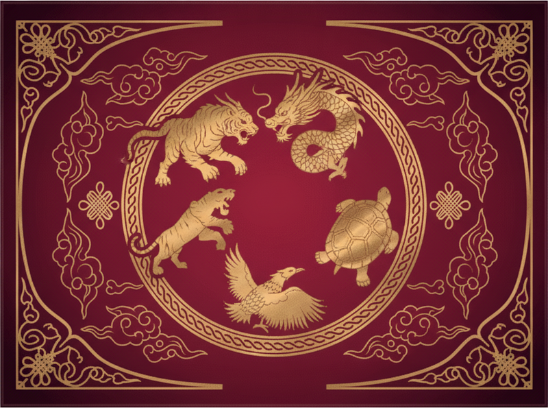 Red rug featuring four symbols dragon tiger - TenStickers