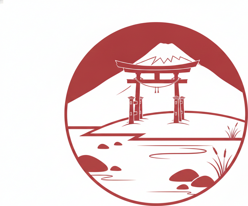 Red rug featuring japanese landscape with lake and mountains - TenStickers