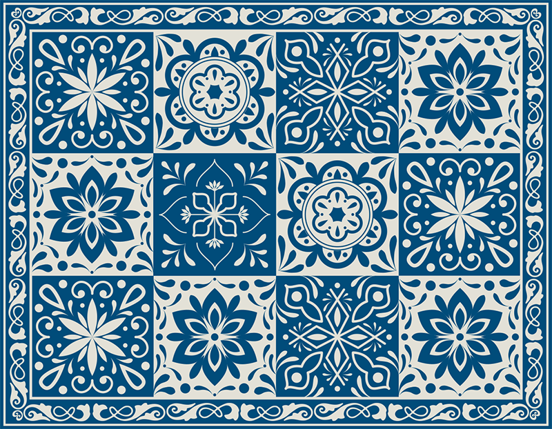 floral blue tiles vinyl kitchen mat - TenStickers