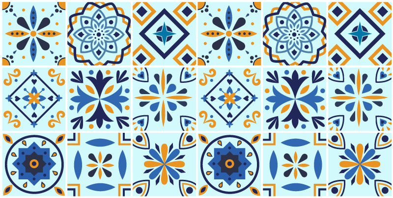 Blue background tile pattern kitchen vinyl rug - TenStickers
