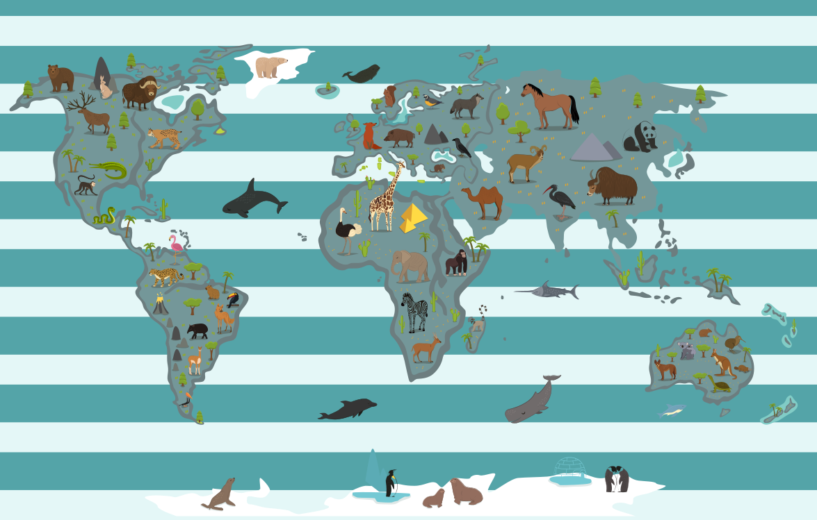 Simple colors animals and trees world map rug - TenStickers