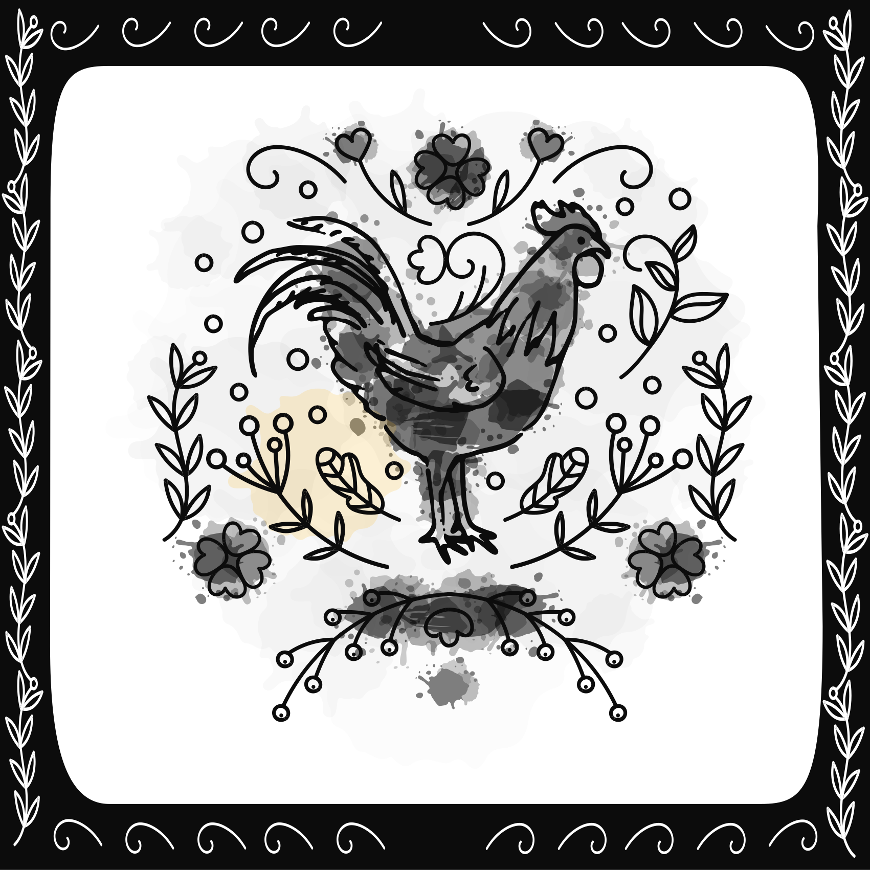Black floral rooster animal mat - TenStickers