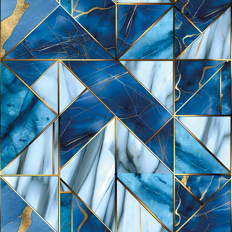 Geometric blue and golden effect marble vinyl rug - TenStickers