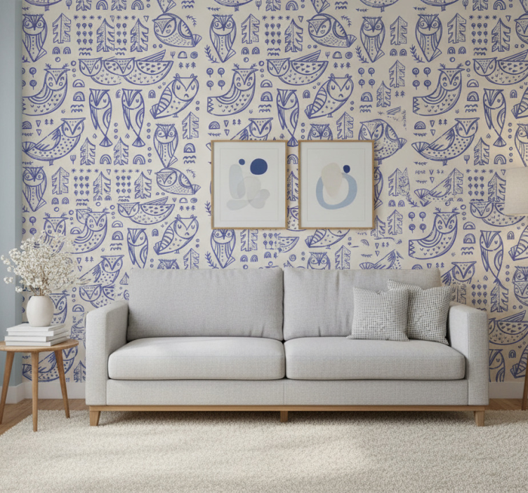 Animal wallpaper cute blue owl face illustration - TenStickers