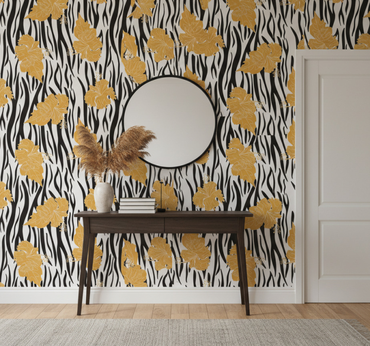 Animal wallpaper ornamental flowers on zebra print - TenStickers