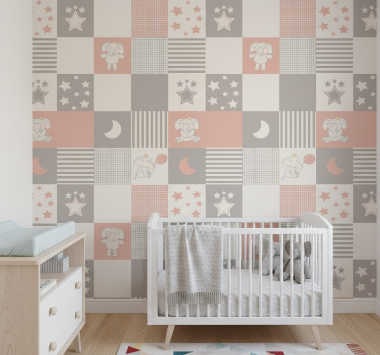 Animal wallpaper with elephant motifs and nordic tiles - TenStickers