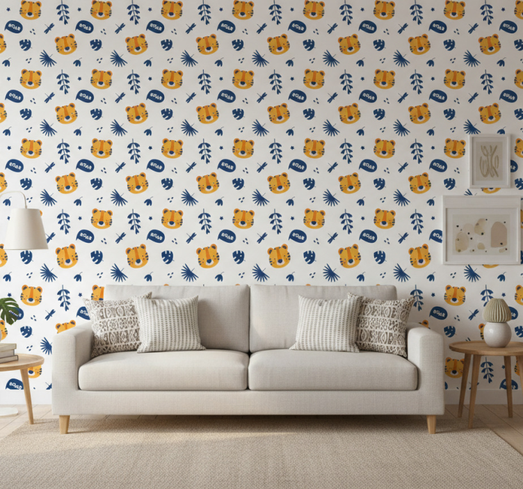 Animal wallpaper with tiger cub head and dragonfly pattern - TenStickers