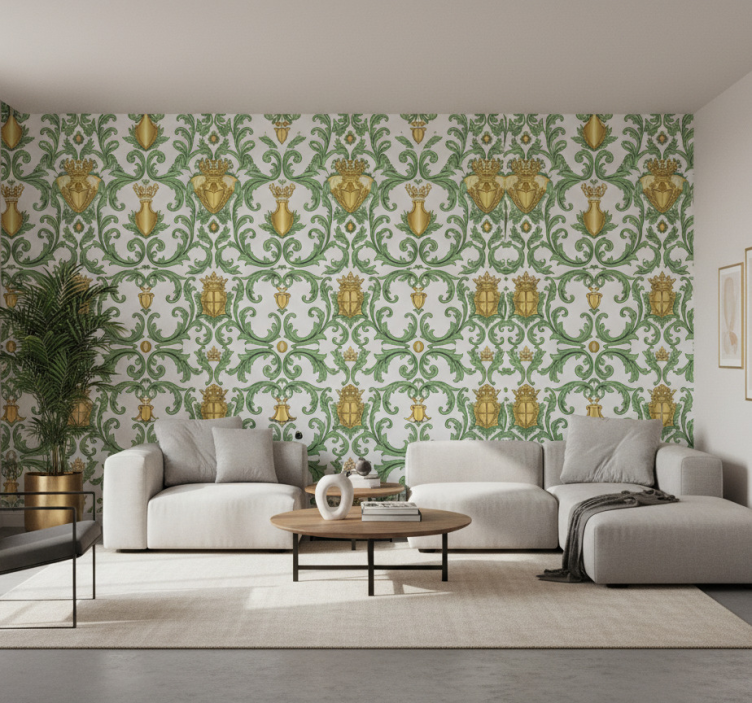 Baroque wallpaper ornamental green and gold - TenStickers