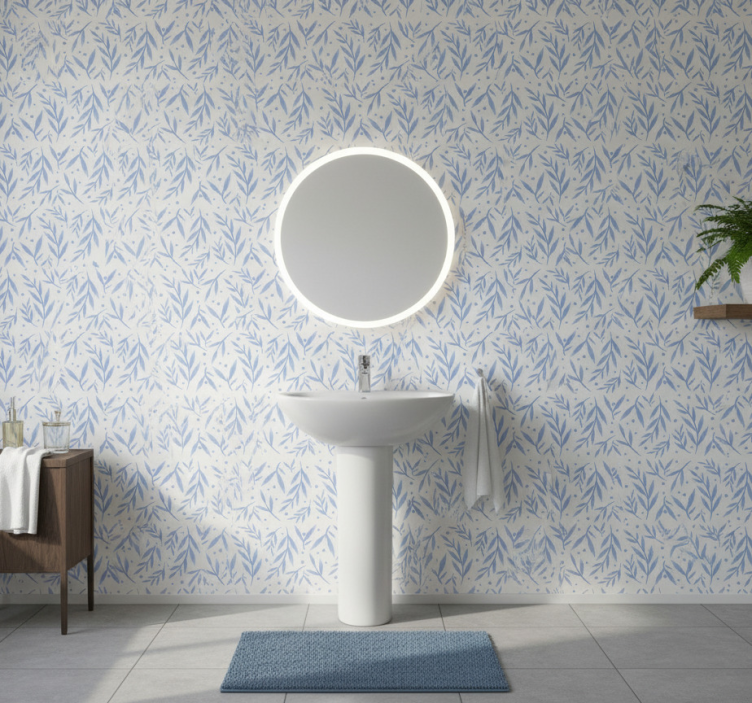 Bathroom wallpaper in blue and white pattern - TenStickers