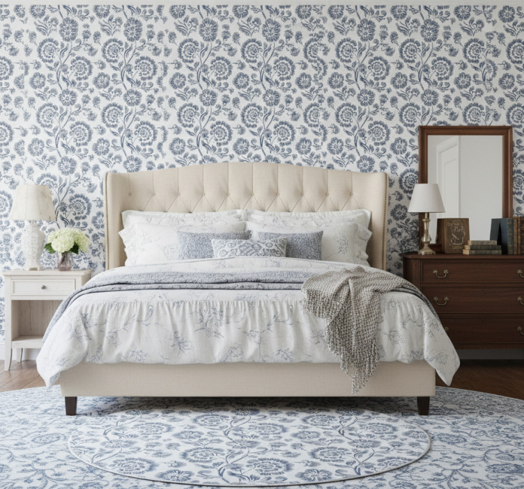 Bedroom wallpaper blue flowers grandmillenial design - TenStickers