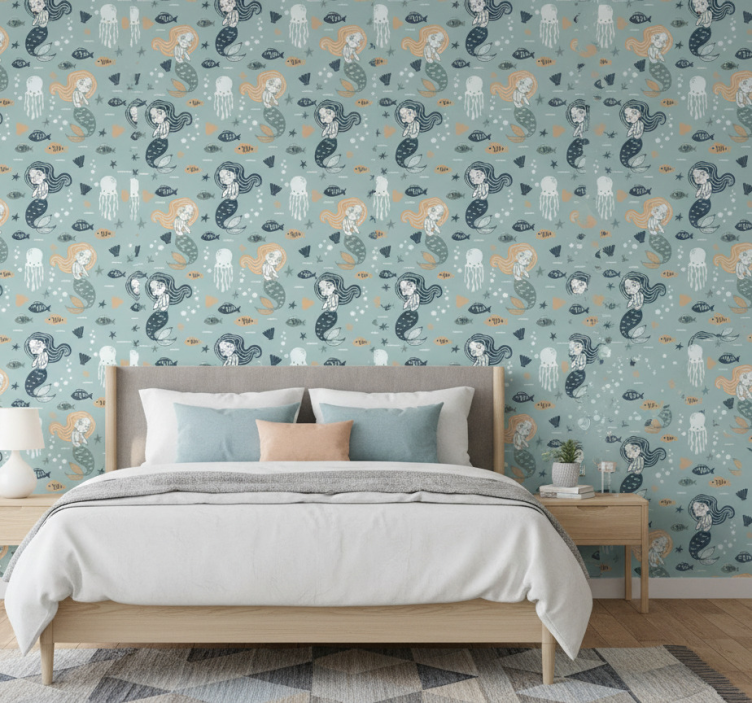 Bedroom wallpaper blue magic mermaid design - TenStickers