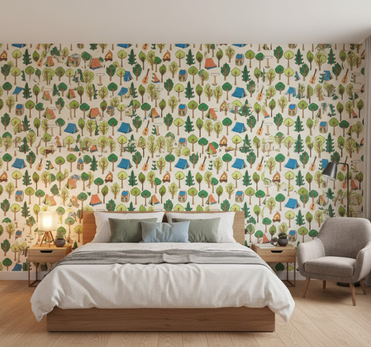 Bedroom wallpaper camping gear guitars flashlight bee - TenStickers