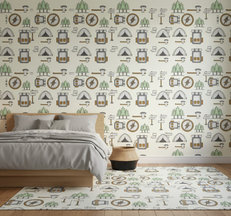 Bedroom wallpaper camping gear set bowl hatchet compass - TenStickers