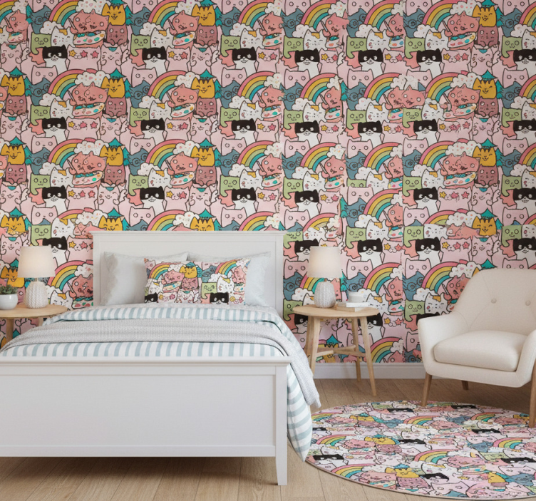 Bedroom wallpaper cat doodle pastel color pattern - TenStickers