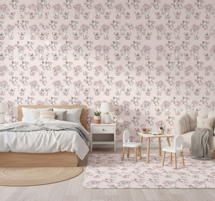 Bedroom wallpaper cats with heart icons pattern - TenStickers