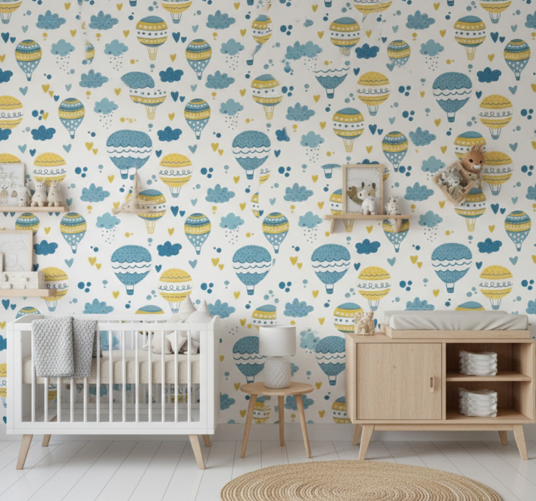 Bedroom wallpaper colorful balloons and clouds - TenStickers