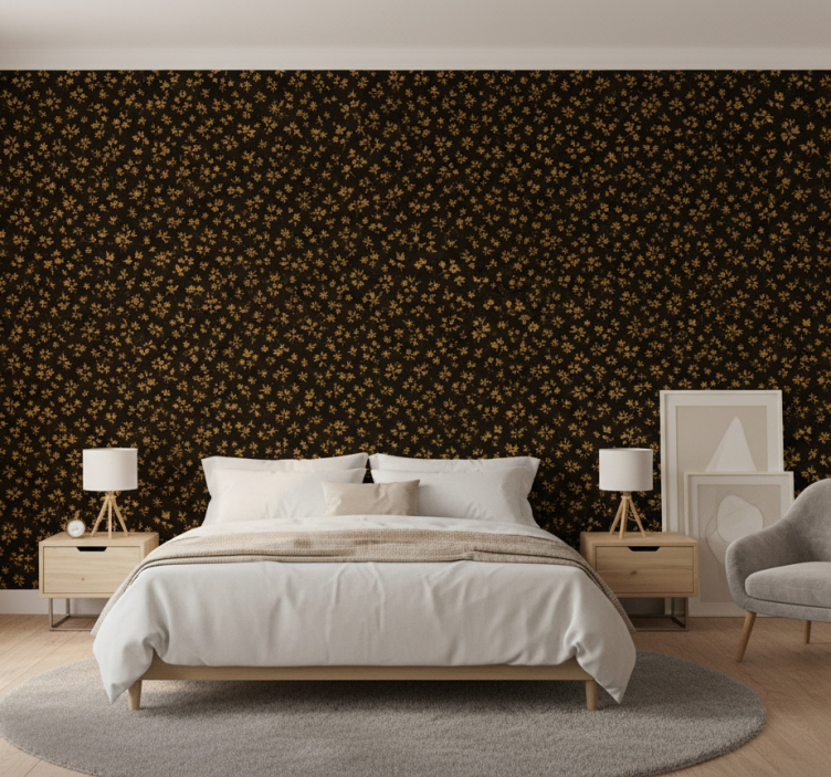 Bedroom wallpaper dark background with gold flowers - TenStickers