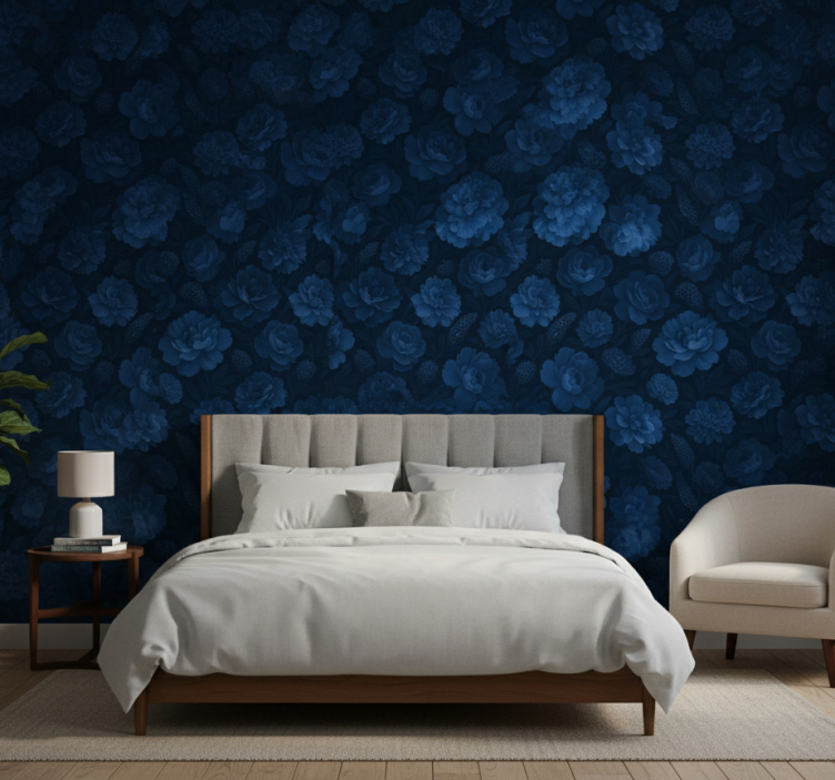 Bedroom wallpaper dark blue mysterious floral design - TenStickers