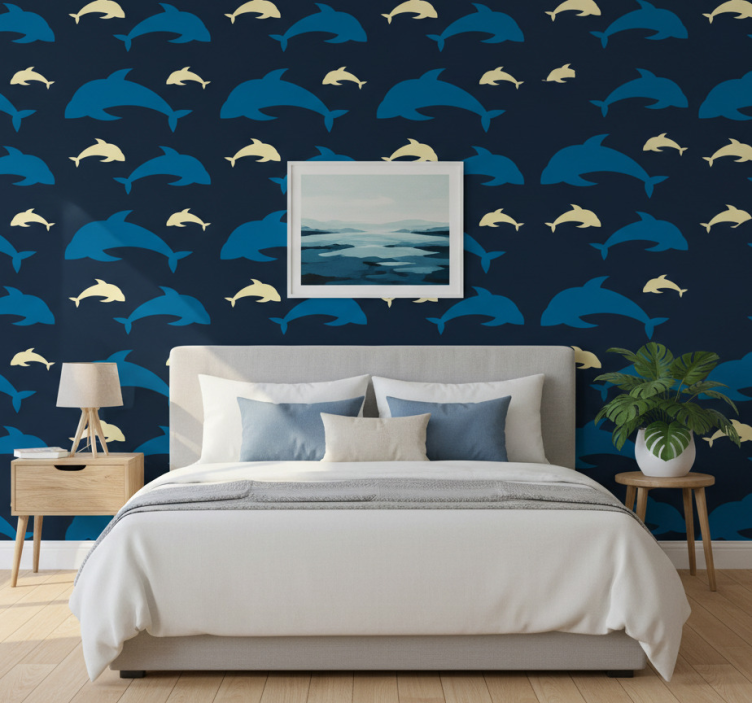 Bedroom wallpaper featuring 3 dolphins in the sea - TenStickers