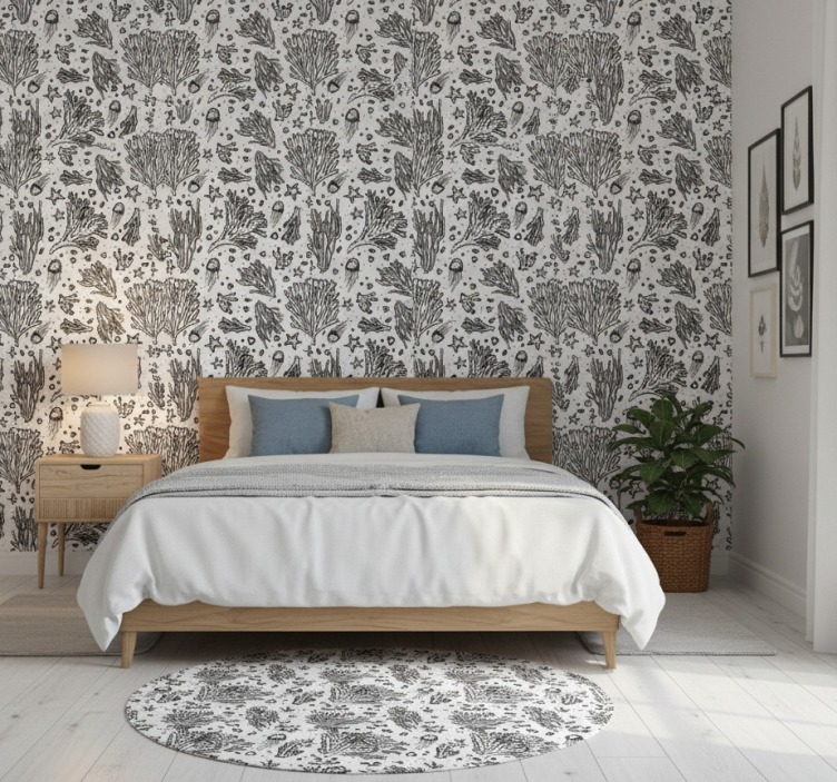 Bedroom wallpaper featuring black silhouetted sea creatures - TenStickers